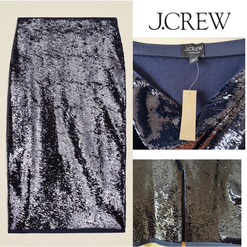 J. Crew Collection Navy Sequin Cotton Stretchy Pencil Skirt Size S